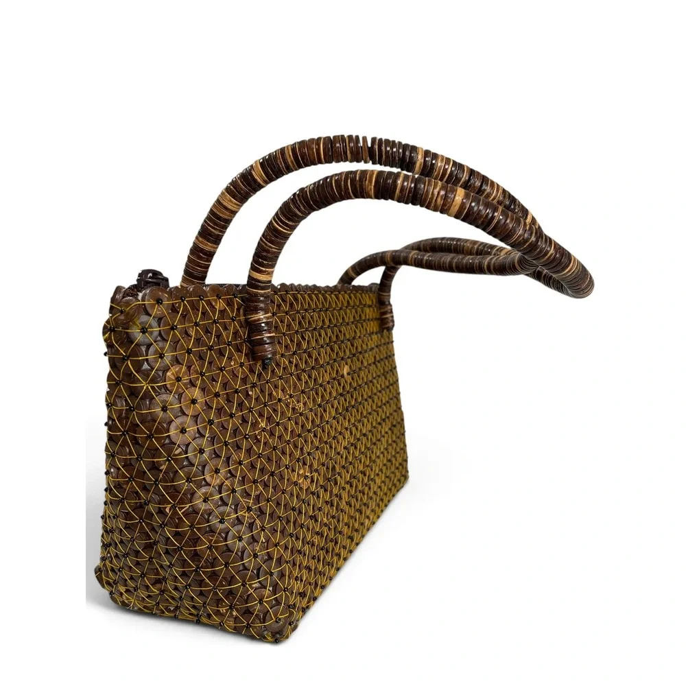 Y2K Handmade Coconut Shell Beaded Boho Handbag Artisan Crafted Brown Tote Purse